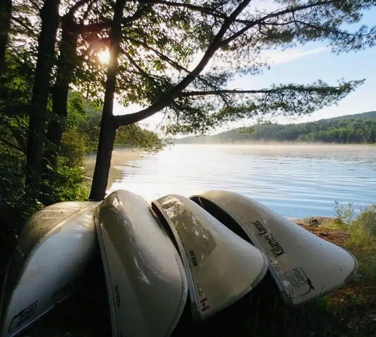 Canoes overturned on the shore, in front of Nellie Lake, a popular Killarney canoe route