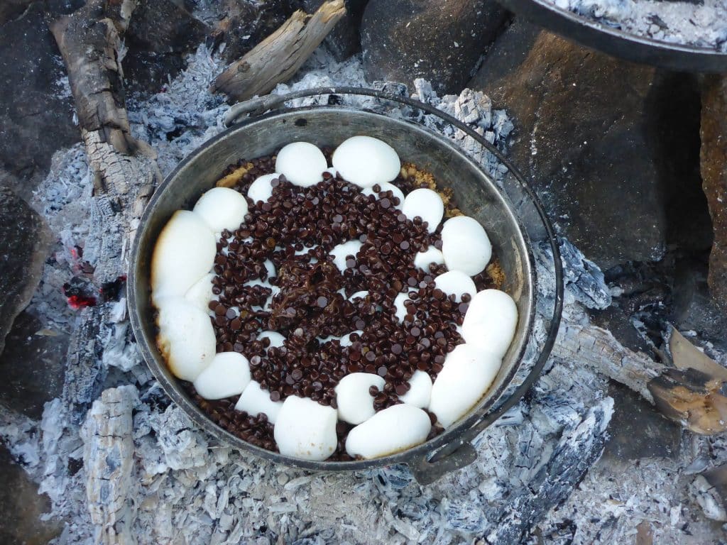 Baking smore pie on woods