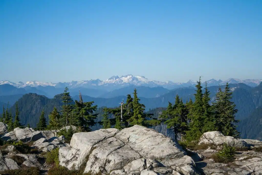 View of snowy mountains on the North Shore one of the easy Vancouver hikes listed in this article.