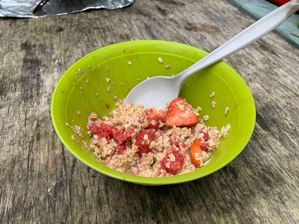 Canoe Trip Meal: Oatmeal with Strawberries in a green bowl.