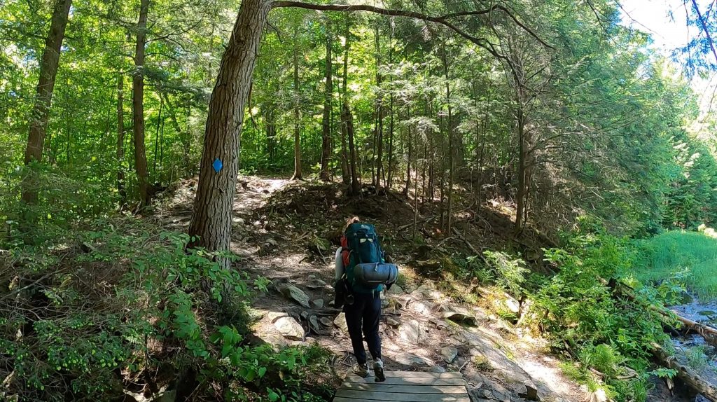 Backpacking on the Western Uplands Trail in Algonquin Provincial Park, demonstrating a good backpacking base weight.